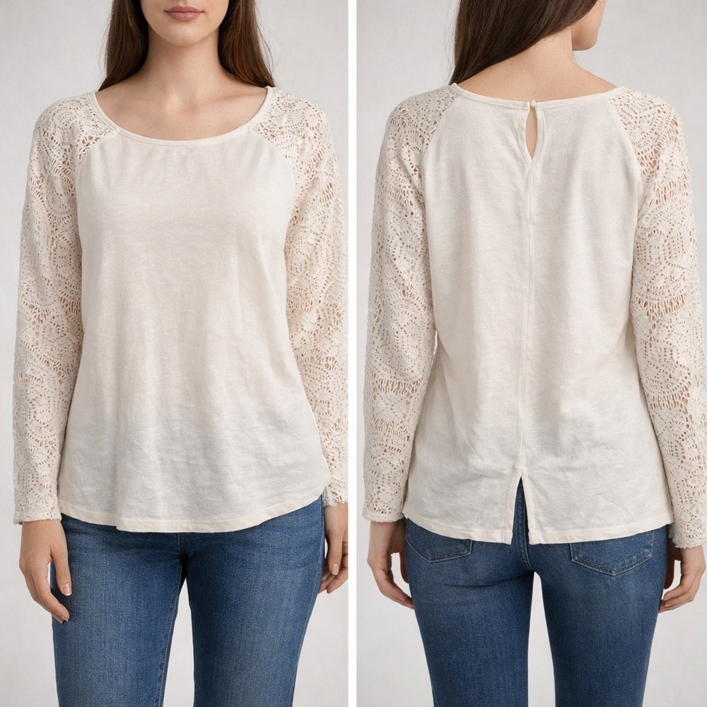 Nanette Lepore Lace Sleeve Top‎ Womens 12 White Boho Cottagecore Romantic